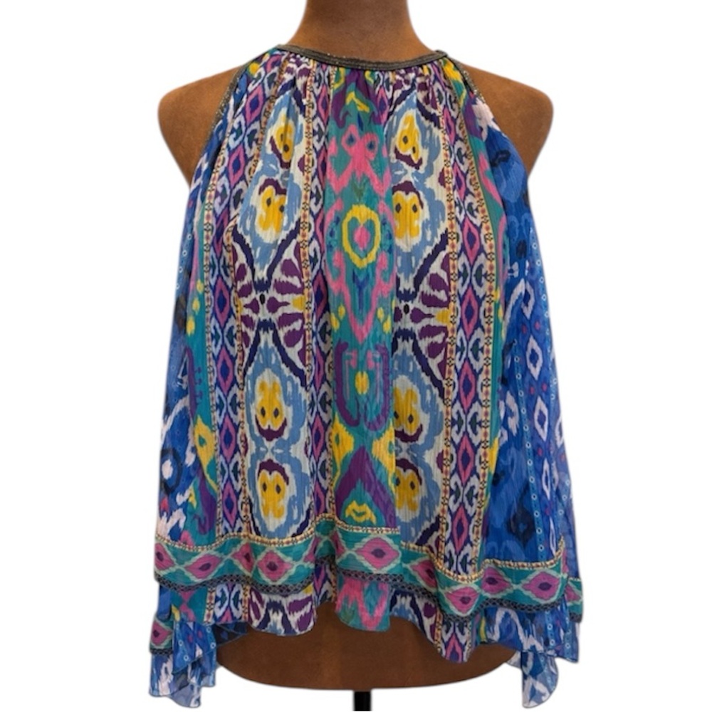 NWT Zara Ikat Print Beaded Halter Blouse XS Boho Resort Asymmetrical Flowy Top
